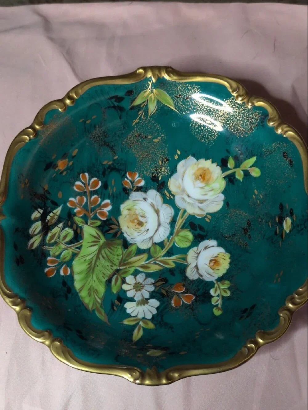 Rosen Thal Germany Hand-Painted Floral Decorative Bowl in Teal with Gold Trim